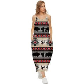 Native American Maxi Dress V-Neck Strappy Native Indian 3D Print Loose Summer Casual Dress