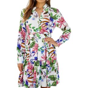 futurino Women Single Breasted A-line Dress, Floral Printed Boho Style Lantern Short Sleeve with Belt Summer Dress