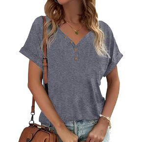 Womens T Shirts V Neck Button Down Tops Casual Summer Short Sleeve Tees Loose Fit Tops Blouses