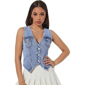 Verdusa Women's V Neck Asymmetrical Hem Sleeveless Button Front Denim Vest Top