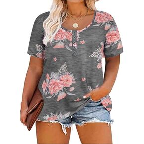 CARCOS Plus Size Tops for Women Button Up Henley Shirts Short Sleeve Summer T-shirts V/Crewneck Casual Trendy Tunics XL-5XL in Saudi Arabia