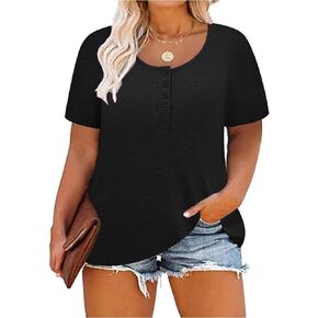 CARCOS Plus Size Tops for Women Button Up Henley Shirts Short Sleeve Summer T-shirts V/Crewneck Casual Trendy Tunics XL-5XL