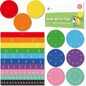 Opret Magnetic Fraction Tiles & Fraction Circles 19 Sets 118 Pcs, Rainbow Math Manipulatives for Elementary School, Magnetic Fraction Puzzle Math Classroom Supplies Christmas Gift