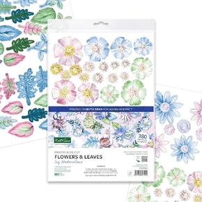 Katy Sue 'ICY Watercolour' Die-Cut/Paper Tole Flowers & Leaves. Contains 12 Letter Sized Sheets - 8 of Die Cut Flowers & 4 of Die Cut Leaves in Blue, Green, Purple Colors