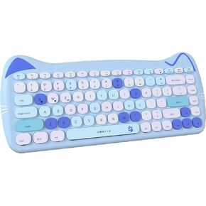 UBOTIE Bluetooth Wireless Keyboards, Colorful Cute Cat Deisgn Office Keyboards, Portable Slim Compact Size for Laptop, Tablet, Smart Phones(Blue-Colorful)