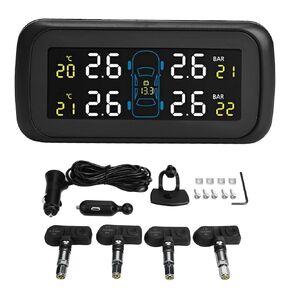 Tire Pressure Sensor, Car TPMS Tyre Pressure Monitoring System LCD Cigarette Lighter USB 4 Internal Sensor, Black