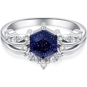 Blue Sandstone Ring 925 Sterling Silver Hexagonal-cut Engagement Ring Unique Wedding Ring Jewelry Gift for Women Girls (Ring Size 7-10)