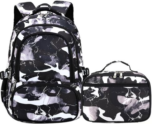 School Backpack Lunch Box Set Water Repellent Casual Daypack Lightweight Bookbags for Kids (A-style Camo Black) in Saudi Arabia