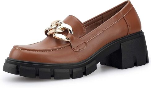 Women's Platform Loafers with Chain Fashion Round Toe Slip On Chunky Heel Lug Sole Loafers Shoes Penny Casual Business Shoes in Saudi Arabia