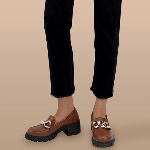 Women's Platform Loafers with Chain Fashion Round Toe Slip On Chunky Heel Lug Sole Loafers Shoes Penny Casual Business Shoes in Saudi Arabia
