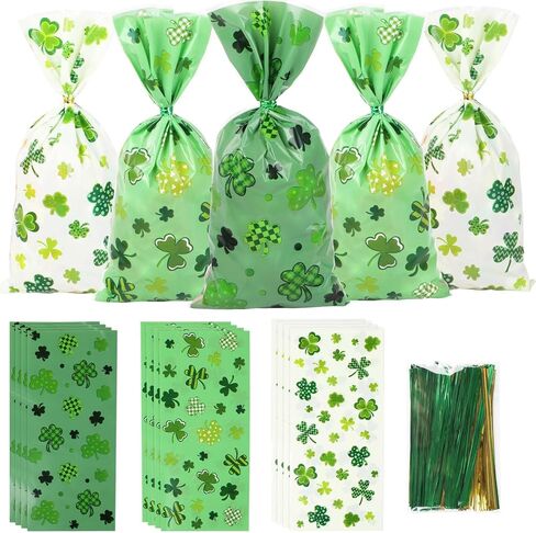 أكياس حلوى السيلوفان لعيد القديس باتريك من DERAYEE، 150 قطعة من أكياس هدايا الحلوى البلاستيكية لاكي شامروك مع أربطة ملتوية لصالح حفلات اليوم الأيرلندي in Kuwait