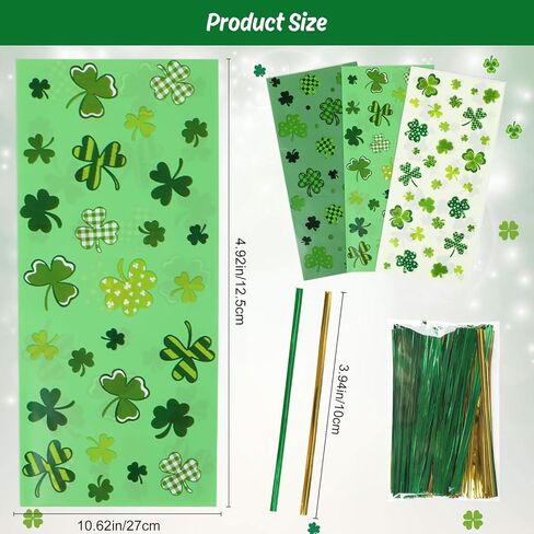 أكياس حلوى السيلوفان لعيد القديس باتريك من DERAYEE، 150 قطعة من أكياس هدايا الحلوى البلاستيكية لاكي شامروك مع أربطة ملتوية لصالح حفلات اليوم الأيرلندي in Kuwait