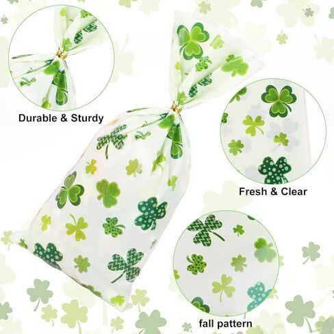 أكياس حلوى السيلوفان لعيد القديس باتريك من DERAYEE، 150 قطعة من أكياس هدايا الحلوى البلاستيكية لاكي شامروك مع أربطة ملتوية لصالح حفلات اليوم الأيرلندي in Kuwait