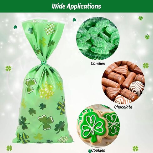 أكياس حلوى السيلوفان لعيد القديس باتريك من DERAYEE، 150 قطعة من أكياس هدايا الحلوى البلاستيكية لاكي شامروك مع أربطة ملتوية لصالح حفلات اليوم الأيرلندي in Kuwait