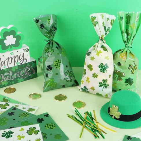 أكياس حلوى السيلوفان لعيد القديس باتريك من DERAYEE، 150 قطعة من أكياس هدايا الحلوى البلاستيكية لاكي شامروك مع أربطة ملتوية لصالح حفلات اليوم الأيرلندي in Kuwait