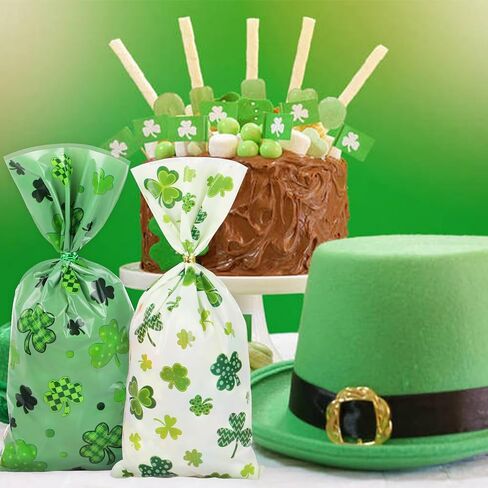 أكياس حلوى السيلوفان لعيد القديس باتريك من DERAYEE، 150 قطعة من أكياس هدايا الحلوى البلاستيكية لاكي شامروك مع أربطة ملتوية لصالح حفلات اليوم الأيرلندي in Kuwait