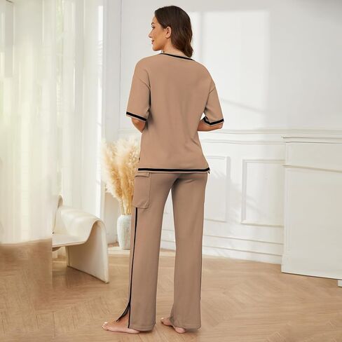 Casei Sweater Sets Women 2 Piece Lounge Sets Short Sleeve Knit Pullover Tops High Waist Wide Leg Pants with 2 Pockets-Khaki-S in Kuwait