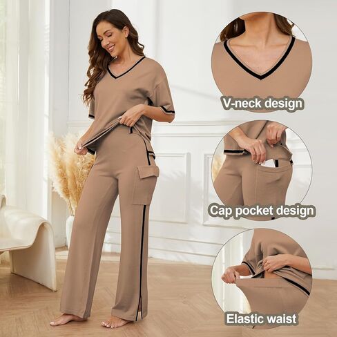 Casei Sweater Sets Women 2 Piece Lounge Sets Short Sleeve Knit Pullover Tops High Waist Wide Leg Pants with 2 Pockets-Khaki-S in Kuwait