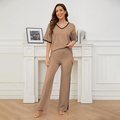Casei Sweater Sets Women 2 Piece Lounge Sets Short Sleeve Knit Pullover Tops High Waist Wide Leg Pants with 2 Pockets-Khaki-S in Kuwait