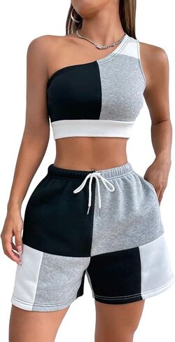 GORGLITTER Women's Two Piece Set Color Block One Shoulder Crop Top and Shorts Summer Sets in Saudi Arabia