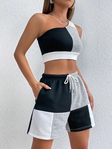 GORGLITTER Women's Two Piece Set Color Block One Shoulder Crop Top and Shorts Summer Sets in Saudi Arabia