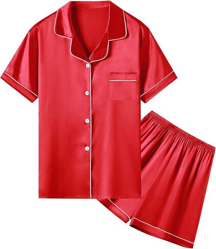 Umeyda Women & Girls Pajamas Set, Soft Satin Lightweight Silk Button-Down Top with Shorts 2 Piece PJS for Mom Boys Kids Gifts in Saudi Arabia