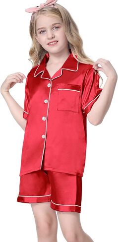 Umeyda Women & Girls Pajamas Set, Soft Satin Lightweight Silk Button-Down Top with Shorts 2 Piece PJS for Mom Boys Kids Gifts in Saudi Arabia