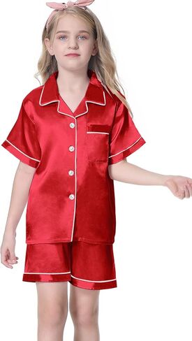 Umeyda Women & Girls Pajamas Set, Soft Satin Lightweight Silk Button-Down Top with Shorts 2 Piece PJS for Mom Boys Kids Gifts in Saudi Arabia