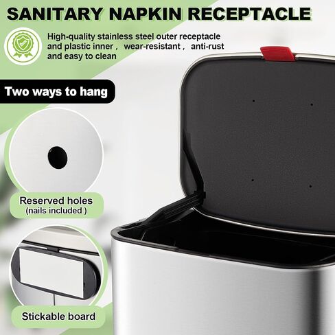 Tioncy Sanitary Napkin Receptacle Wall Mounted Tampon Holder Feminine Hygiene Disposal Container with Removable Inner Bucket Stainless Steel Tampon Disposal Bin Trash Can for Bathroom Restroom Home in Saudi Arabia