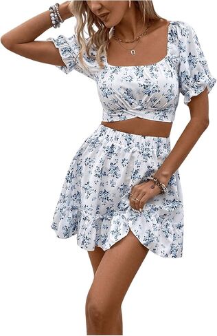 MakeMeChic Women's 2 Piece Outfits Floral Tie Back Square Neck Puff Sleeve Shirred Crop Top with Ruffle Mini Skirt Set in Saudi Arabia