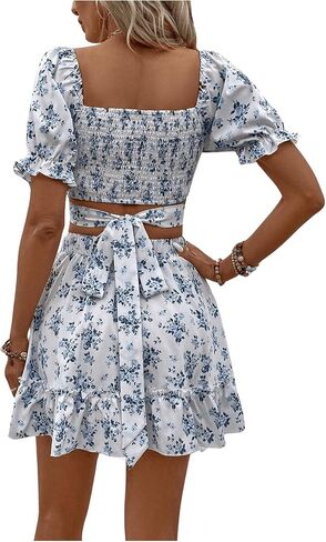 MakeMeChic Women's 2 Piece Outfits Floral Tie Back Square Neck Puff Sleeve Shirred Crop Top with Ruffle Mini Skirt Set in Saudi Arabia