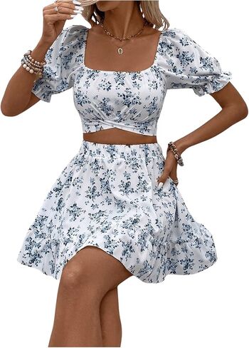 MakeMeChic Women's 2 Piece Outfits Floral Tie Back Square Neck Puff Sleeve Shirred Crop Top with Ruffle Mini Skirt Set in Saudi Arabia