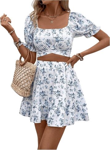 MakeMeChic Women's 2 Piece Outfits Floral Tie Back Square Neck Puff Sleeve Shirred Crop Top with Ruffle Mini Skirt Set in Saudi Arabia