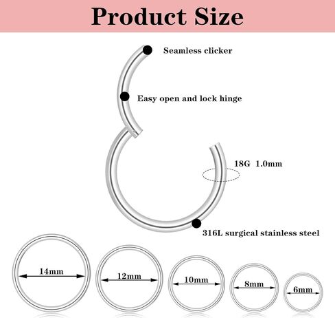 Yolev 10PCS Small Nose Ring Hoop 18g Silver Cartilage Hoop for Women Stainless Ssteel Earring Nose Piercing Jewelry Septum Ring Lip Rings 6/8/10/12/14mm in Saudi Arabia
