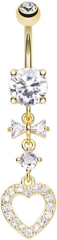 Pierced Owl 14GA Stainless Steel CZ Crystal Bow and Heart Drop Dangling Belly Button Ring in Saudi Arabia