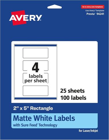 Avery Matte White Rectangle Labels with Sure Feed, 2" x 5", 100 Matte White Printable Labels in Saudi Arabia