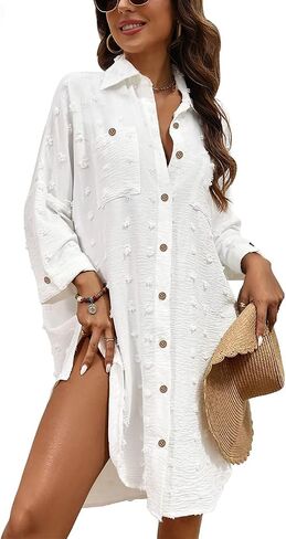 Beach Cover Ups for Women Swimsuit Coverup Button Down Shirt Beach Dresses Bathing Suit Cover Up Bikini Cover Up in Saudi Arabia