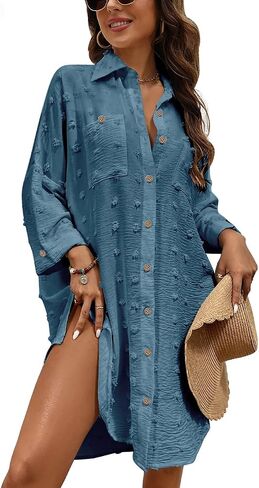 Beach Cover Ups for Women Swimsuit Coverup Button Down Shirt Beach Dresses Bathing Suit Cover Up Bikini Cover Up in Saudi Arabia
