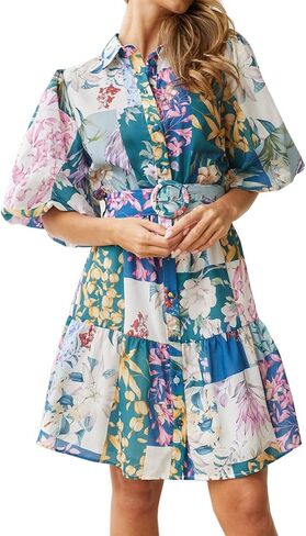 futurino Women Single Breasted A-line Dress, Floral Printed Boho Style Lantern Short Sleeve with Belt Summer Dress in Saudi Arabia