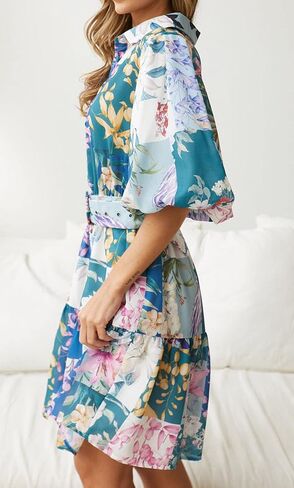 futurino Women Single Breasted A-line Dress, Floral Printed Boho Style Lantern Short Sleeve with Belt Summer Dress in Saudi Arabia