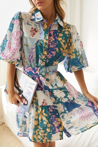 futurino Women Single Breasted A-line Dress, Floral Printed Boho Style Lantern Short Sleeve with Belt Summer Dress in Saudi Arabia