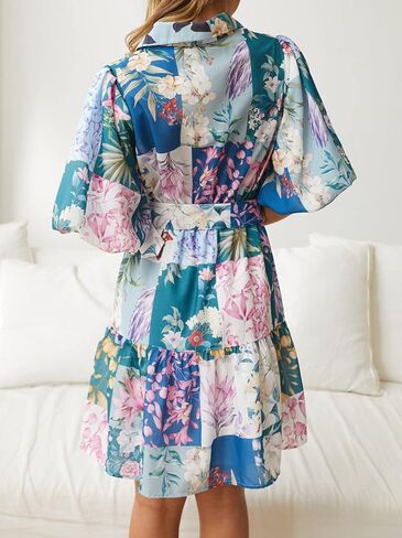 futurino Women Single Breasted A-line Dress, Floral Printed Boho Style Lantern Short Sleeve with Belt Summer Dress in Saudi Arabia