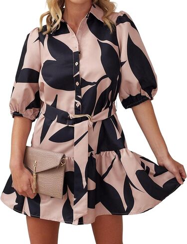 فستان نسائي من futurino على شكل حرف A بصدر واحد، فستان صيفي بنمط بوهو مطبوع عليه زهور وأكمام قصيرة مع حزام in Kuwait