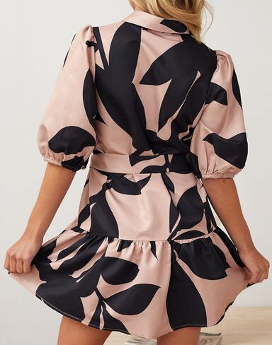 فستان نسائي من futurino على شكل حرف A بصدر واحد، فستان صيفي بنمط بوهو مطبوع عليه زهور وأكمام قصيرة مع حزام in Kuwait