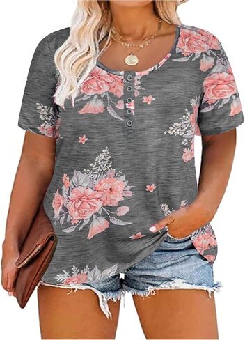 CARCOS Plus Size Tops for Women Button Up Henley Shirts Short Sleeve Summer T-shirts V/Crewneck Casual Trendy Tunics XL-5XL in Saudi Arabia