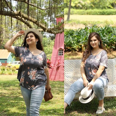 CARCOS Plus Size Tops for Women Button Up Henley Shirts Short Sleeve Summer T-shirts V/Crewneck Casual Trendy Tunics XL-5XL in Saudi Arabia