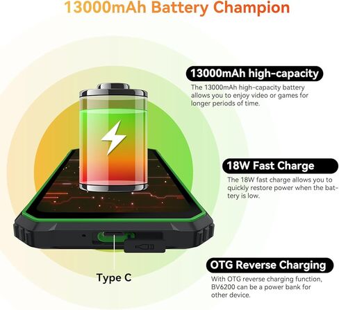 الهواتف القوية غير مقفلة، هاتف ذكي متين 2023 Blackview BV6200، بطارية 13000 مللي أمبير في الساعة، شحن سريع 18 وات، Android 13، توسيع 8 جيجابايت + 64 جيجابايت/2 تيرابايت، أعلى مكبر صوت للهواتف المحمولة المقاومة للماء، ثلاث فتحات للبطاقات، وضع القفازات in Kuwait
