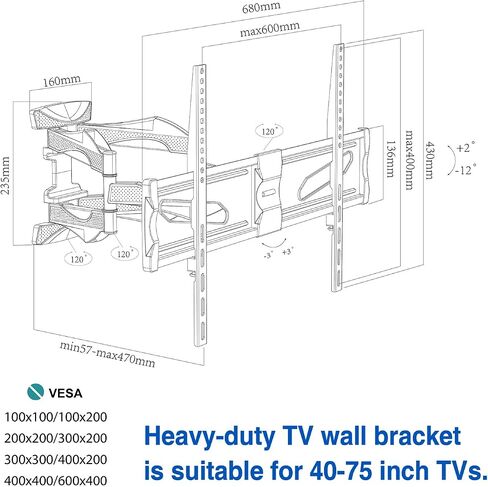Full Motion TV Wall Mount for Most 40-75 Inch TVs, TV Mount with Dual Swivel Articulating Arms Extension Tilt Rotation and 6 Cable Management, Max VESA 600x400mm, Holds up to 99 lbs in Saudi Arabia