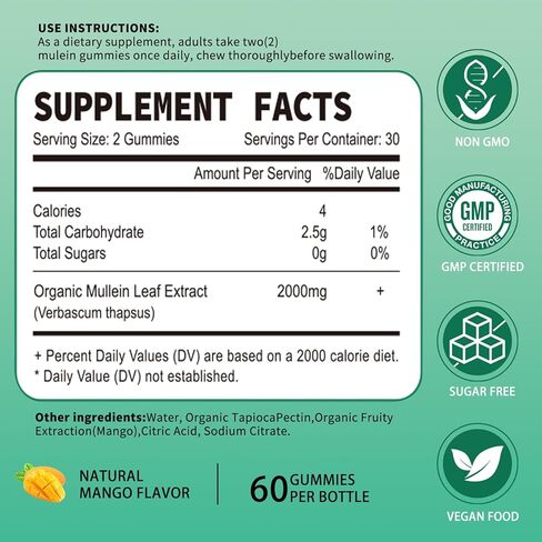 Mullein Gummies - 2000mg Mullein Leaf Extract for Lungs,Lung Detox Cleanse for Smokers,Mullein Lung Support Supplement for Immune Support,Mucus Relief, 60 Sugar Free Vegan Gummies in Saudi Arabia