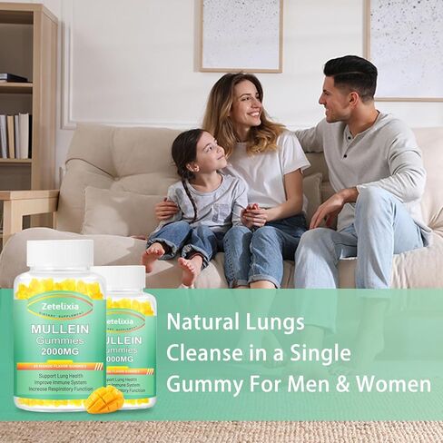 Mullein Gummies - 2000mg Mullein Leaf Extract for Lungs,Lung Detox Cleanse for Smokers,Mullein Lung Support Supplement for Immune Support,Mucus Relief, 60 Sugar Free Vegan Gummies in Saudi Arabia